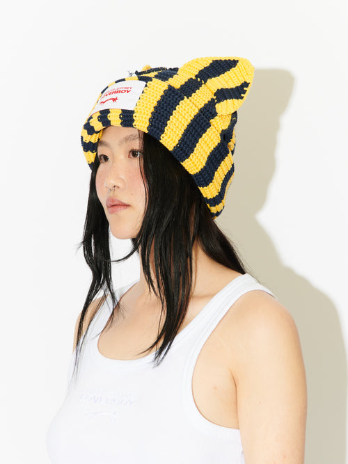 CHUNKY EARS BEANIE in YELLOW + NAVY STRIPE