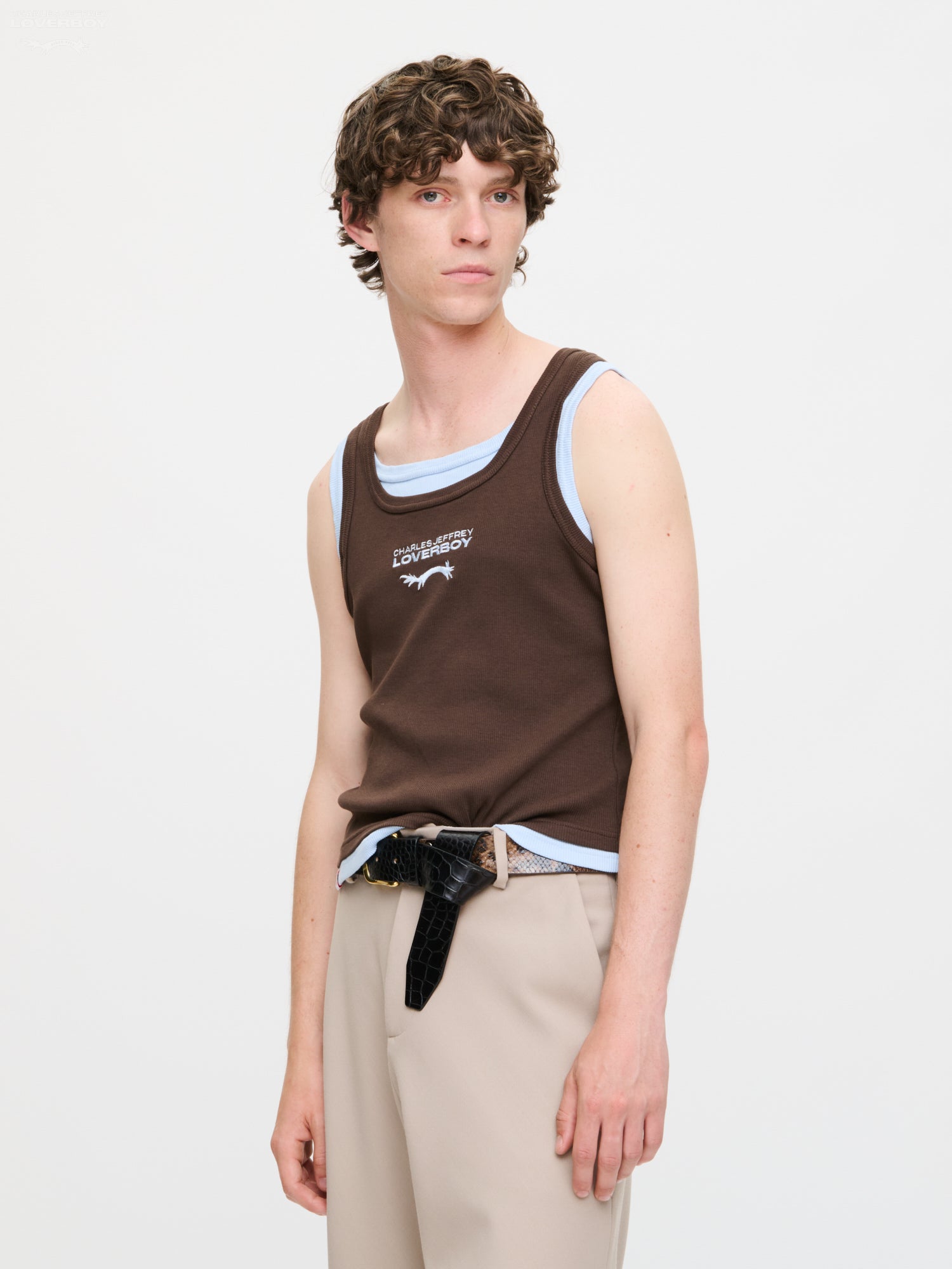 CHARLES JEFFREY LOVERBOY タンクトップ　MUSINSA DOUBLE LOGO TANK TOP in BROWN LIGHT BLUE – Charles Jeffrey Loverboy