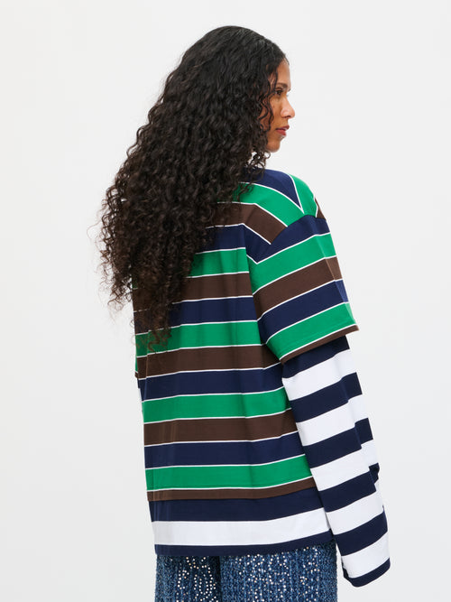 PATCH LONG SLEEVE 2-IN-1 TEE in GREEN NAVY BROWN STRIPE