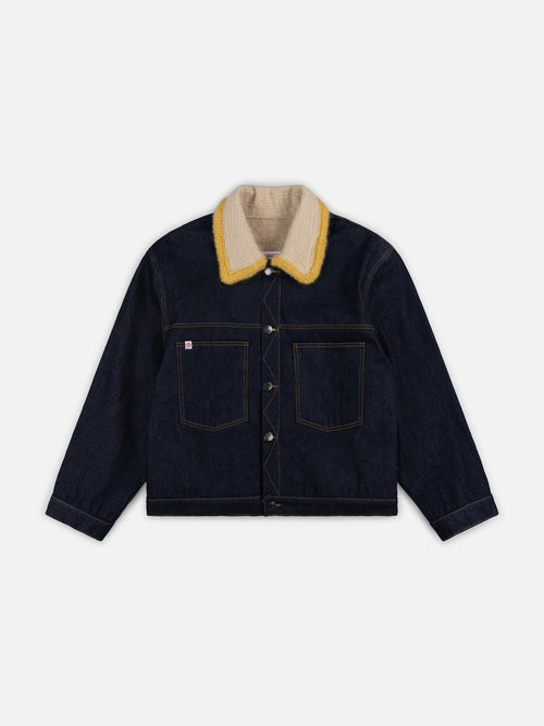 DENIM JACKET WITH KNITTED COLLAR in INDIGO DENIM