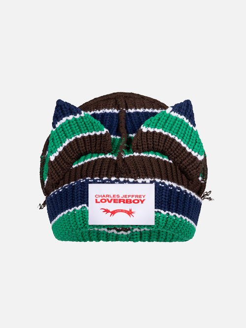 CHUNKY EARS BEANIE in GREEN NAVY BROWN STRIPE | Charles Jeffrey Loverboy