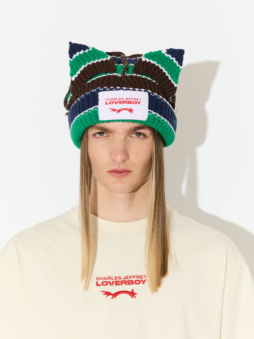 CHUNKY EARS BEANIE in GREEN NAVY BROWN STRIPE