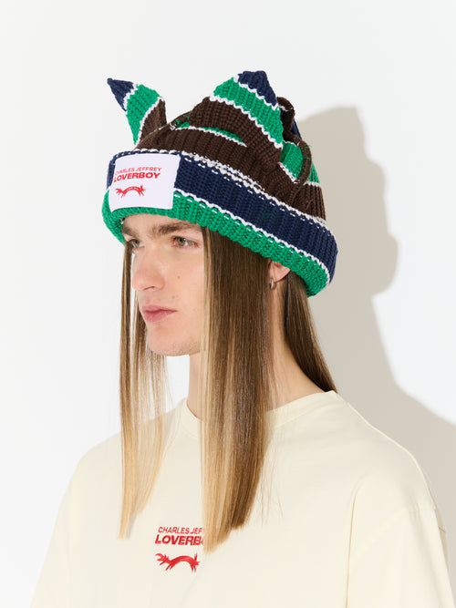 CHUNKY EARS BEANIE in GREEN NAVY BROWN STRIPE