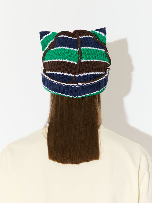 CHUNKY EARS BEANIE in GREEN NAVY BROWN STRIPE