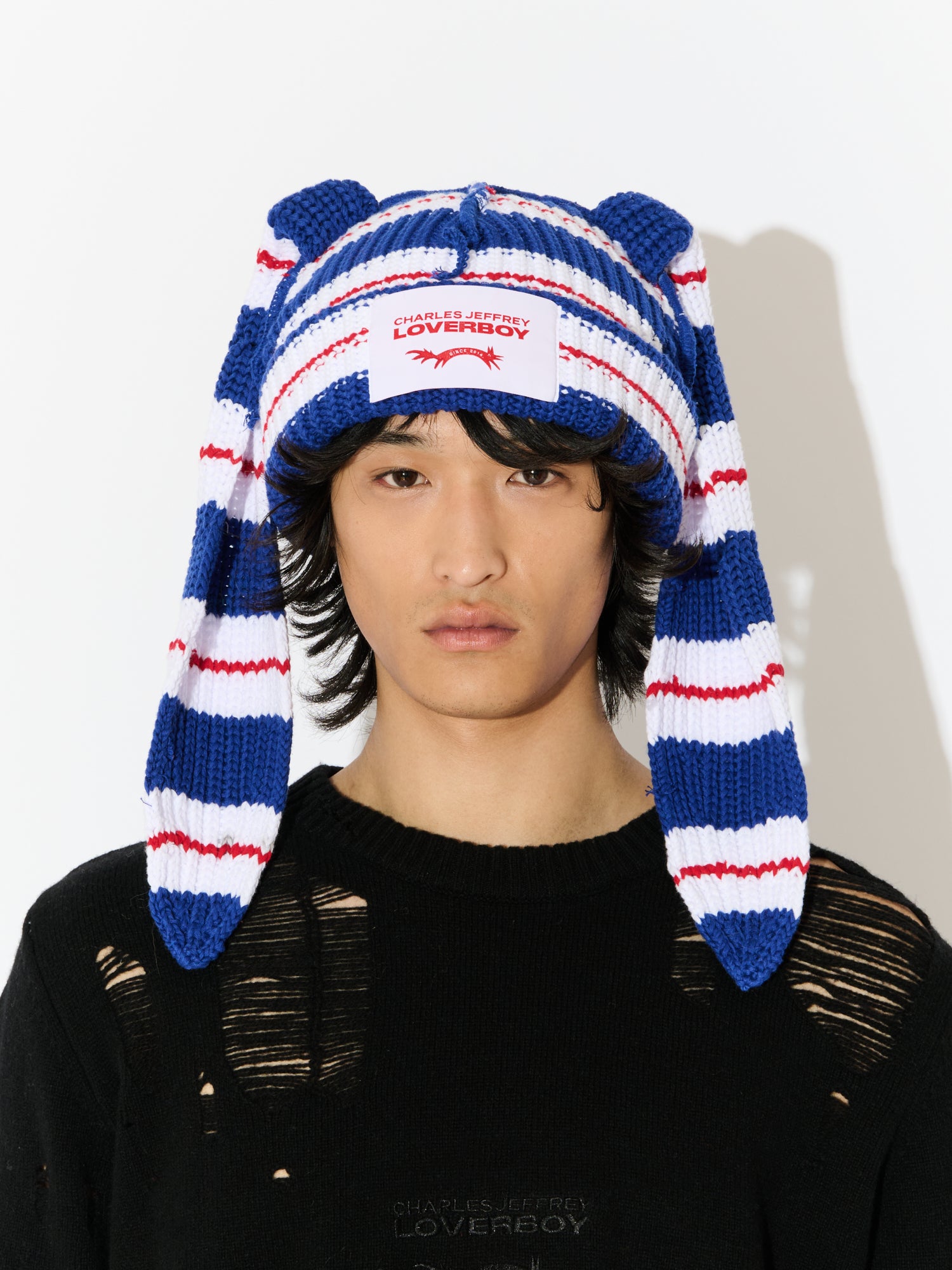 CHUNKY RABBIT BEANIE in BLUE RED WHITE STRIPE