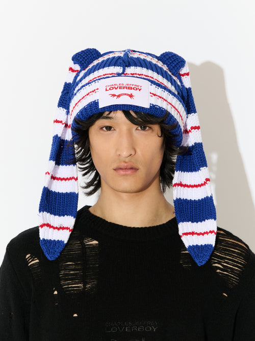 CHUNKY RABBIT BEANIE in BLUE RED WHITE STRIPE