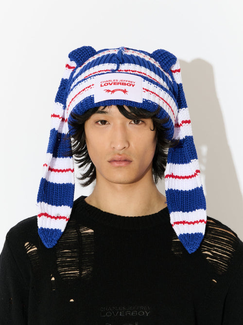 CHUNKY RABBIT BEANIE in BLUE RED WHITE