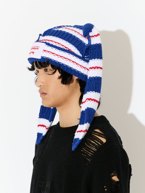 CHUNKY RABBIT BEANIE in BLUE RED WHITE STRIPE