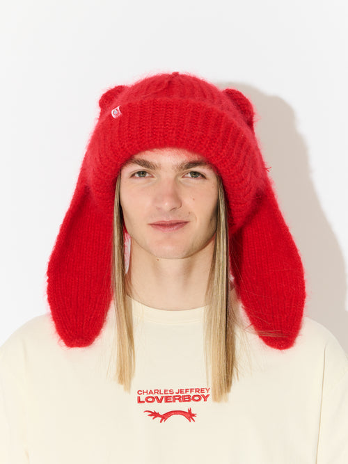 MOHAIR CHUNKY RABBIT BEANIE in RED