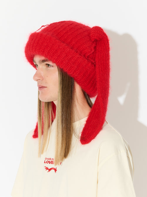 MOHAIR CHUNKY RABBIT BEANIE in RED