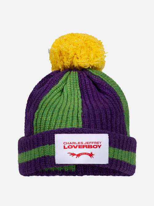 POMPOM BEANIE in GREEN PURPLE YELLOW | Charles Jeffrey Loverboy