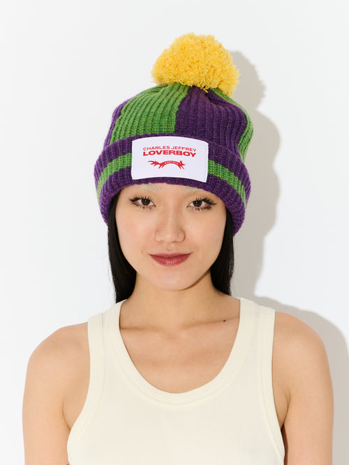 POMPOM BEANIE in GREEN PURPLE YELLOW