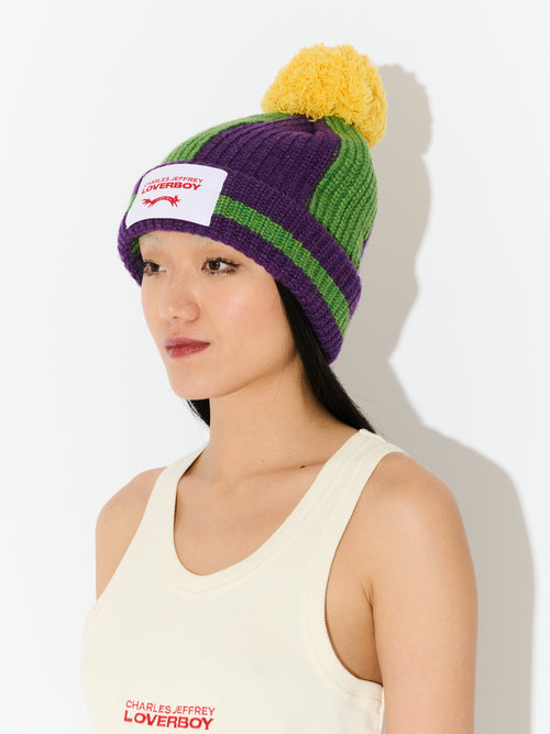 POMPOM BEANIE in GREEN PURPLE YELLOW