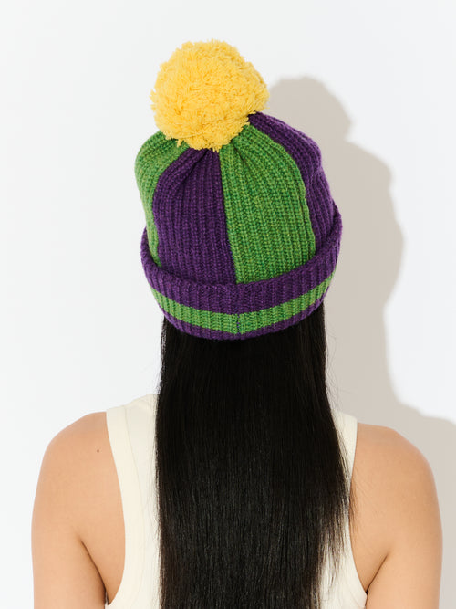 POMPOM BEANIE in GREEN PURPLE YELLOW