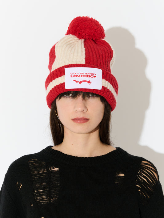 POMPOM BEANIE in RED ECRU