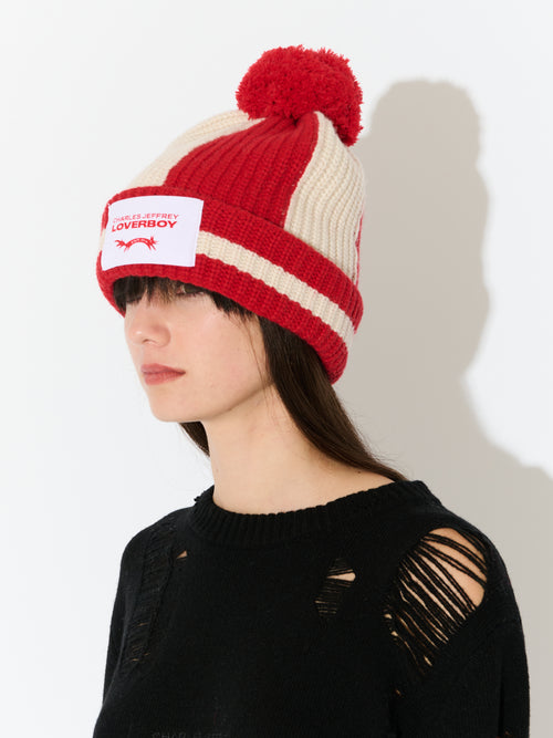 POMPOM BEANIE in RED ECRU
