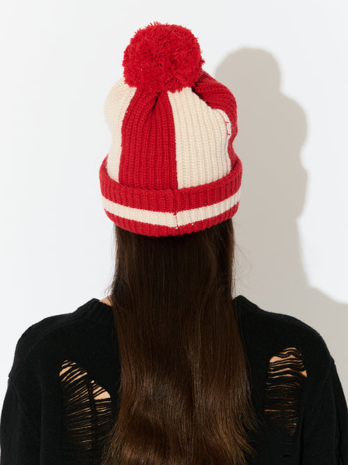 POMPOM BEANIE in RED ECRU