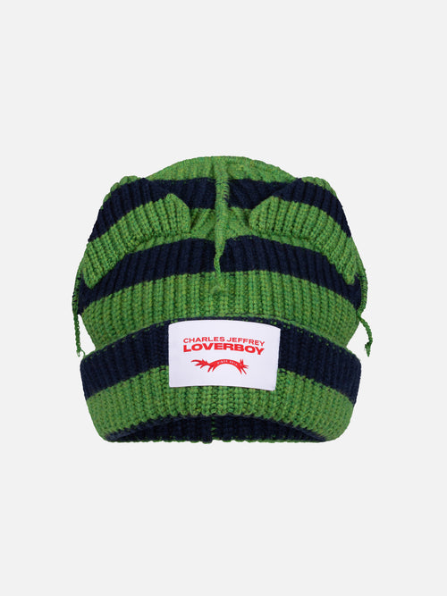 SUPERSIZED CHUNKY EARS BEANIE in GREEN NAVY STRIPE | Charles Jeffrey Loverboy