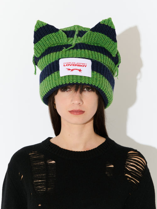 SUPERSIZED CHUNKY EARS BEANIE in GREEN NAVY STRIPE