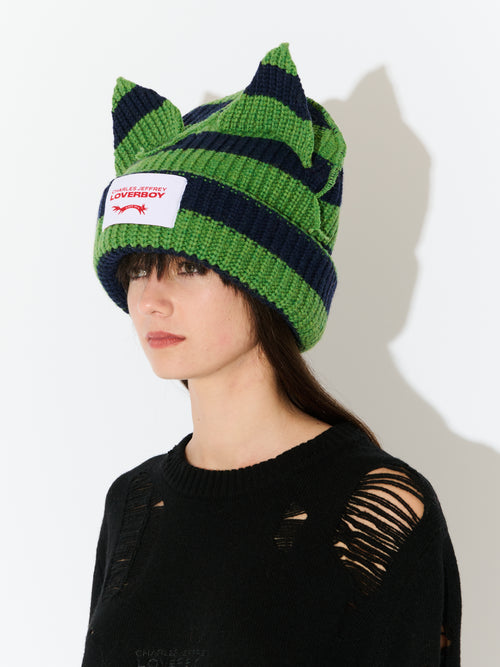 SUPERSIZED CHUNKY EARS BEANIE in GREEN NAVY STRIPE