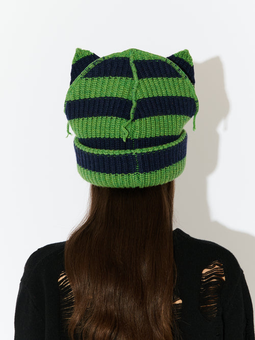 SUPERSIZED CHUNKY EARS BEANIE in GREEN NAVY STRIPE