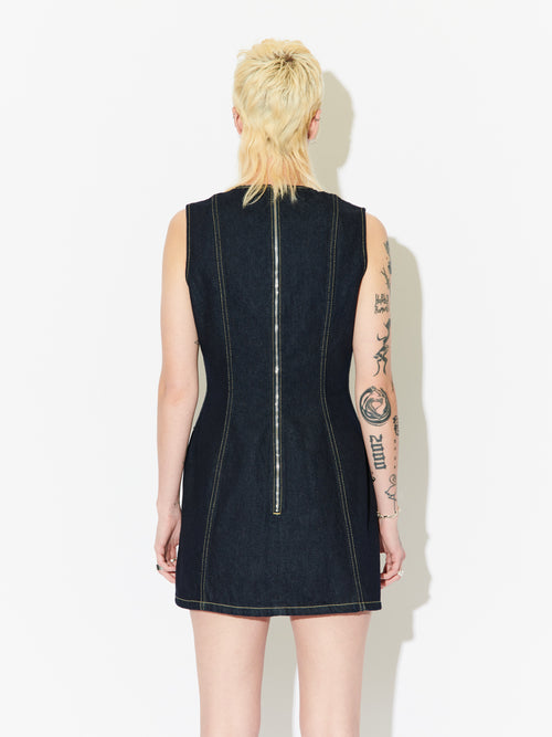 DENIM MINI DRESS WITH KNIT PATCH in BLUE