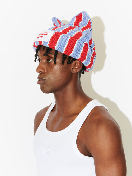 CHUNKY EARS BEANIE in RED + BLUE STRIPE