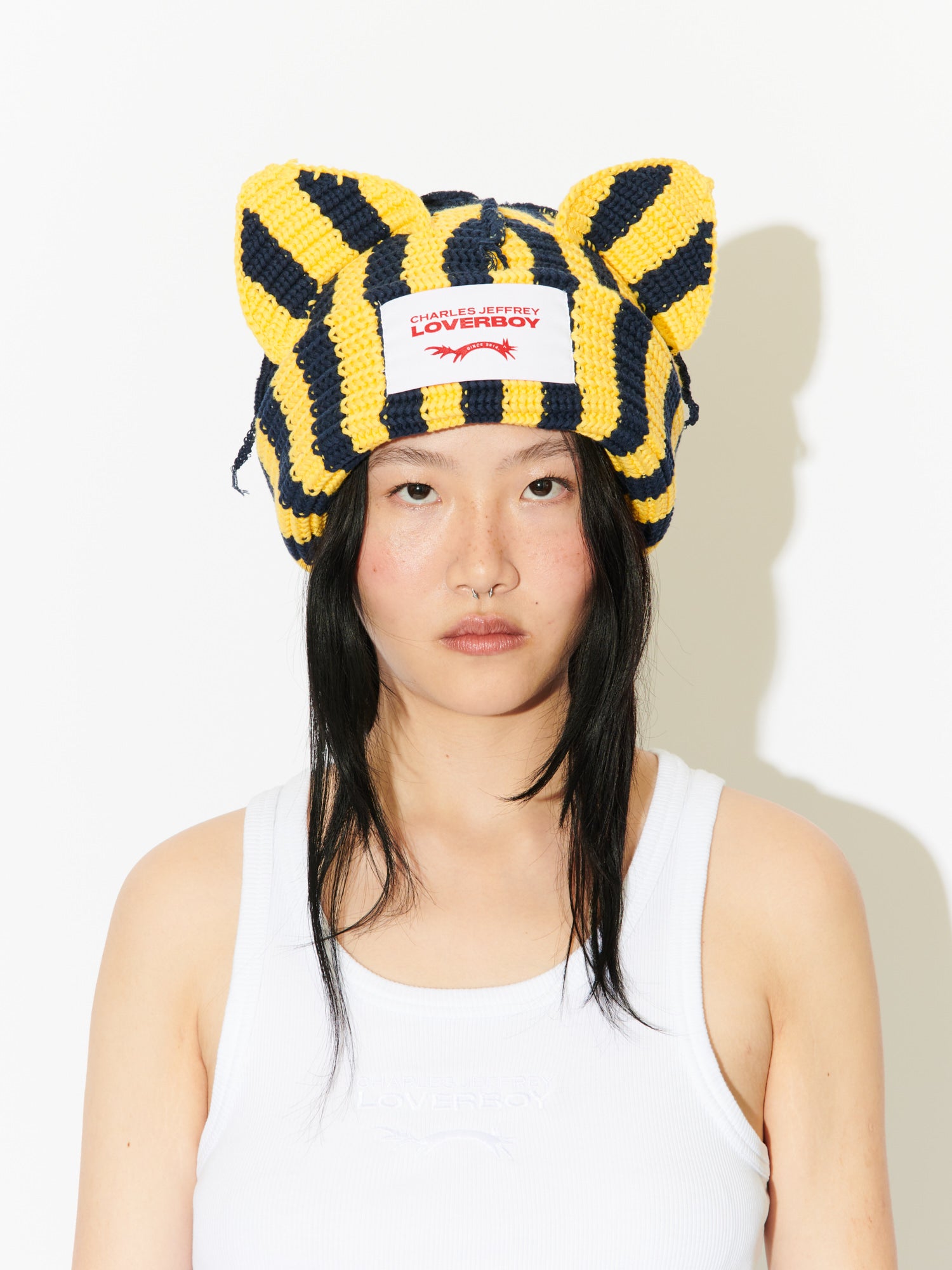 CHUNKY EARS BEANIE in YELLOW + NAVY STRIPE