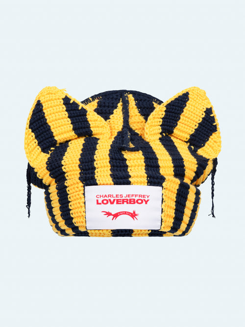 CHUNKY EARS BEANIE in YELLOW + NAVY STRIPE