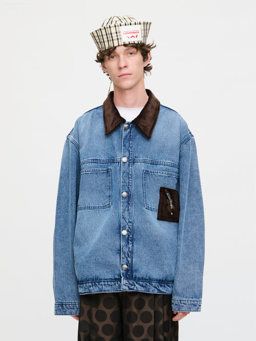 DENIM JACKET WITH CORDUROY COLLAR in WASHED DENIM