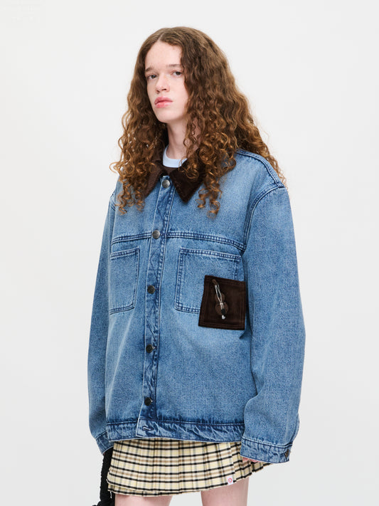 DENIM JACKET WITH CORDUROY COLLAR in WASHED DENIM