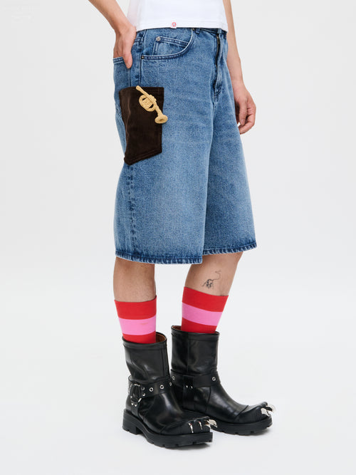 WIDE DENIM SHORTS WITH CROCHET TRUMPET in WASHED DENIM | Charles Jeffrey Loverboy