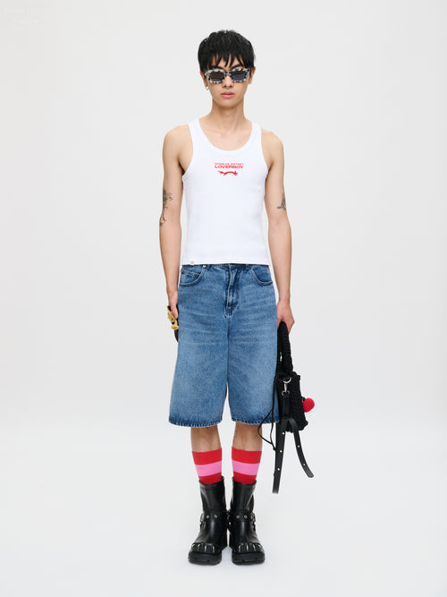 WIDE DENIM SHORTS WITH CROCHET TRUMPET in WASHED DENIM