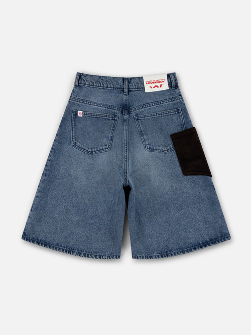 WIDE DENIM SHORTS WITH CROCHET TRUMPET in WASHED DENIM