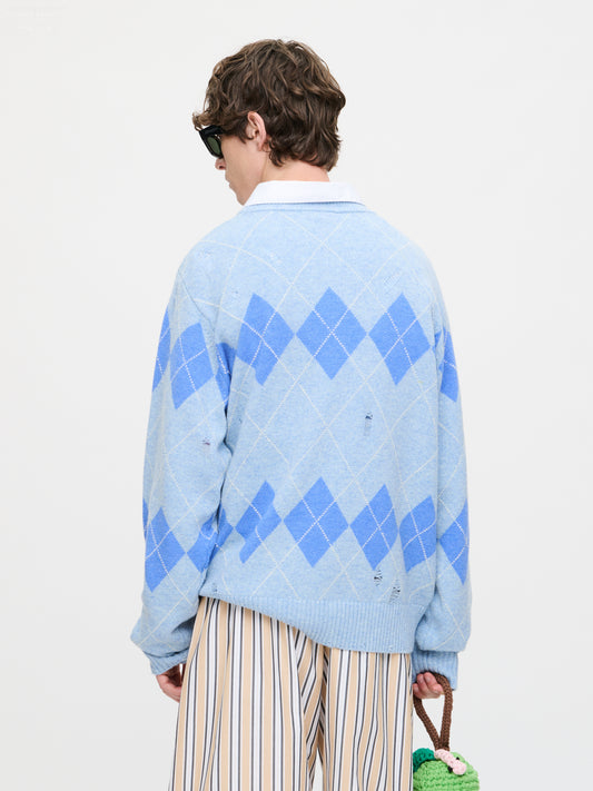 DISTRESSED ARGYLE SWEATER in LIGHT BLUE