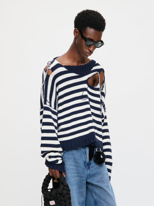 SLASH STRIPE SWEATER in NAVY ECRU STRIPE