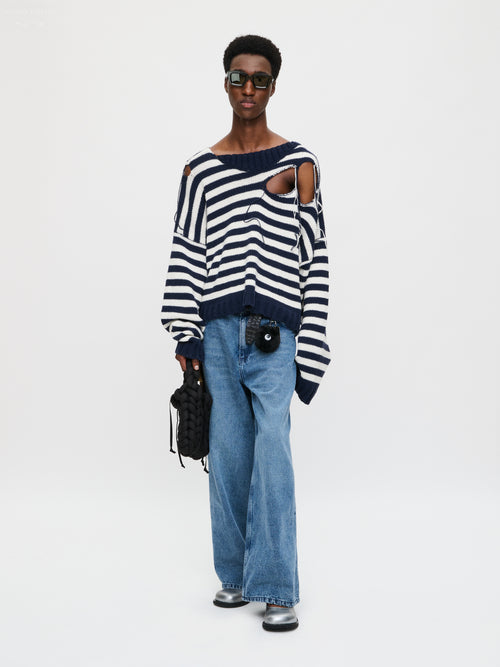 SLASH STRIPE SWEATER in NAVY ECRU STRIPE