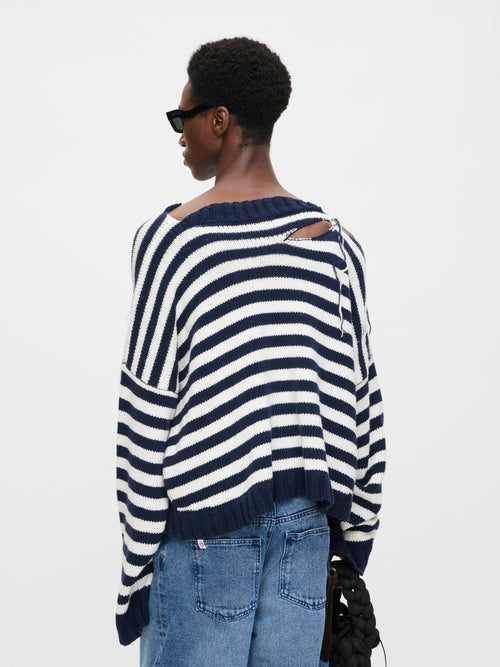 SLASH STRIPE SWEATER in NAVY ECRU STRIPE