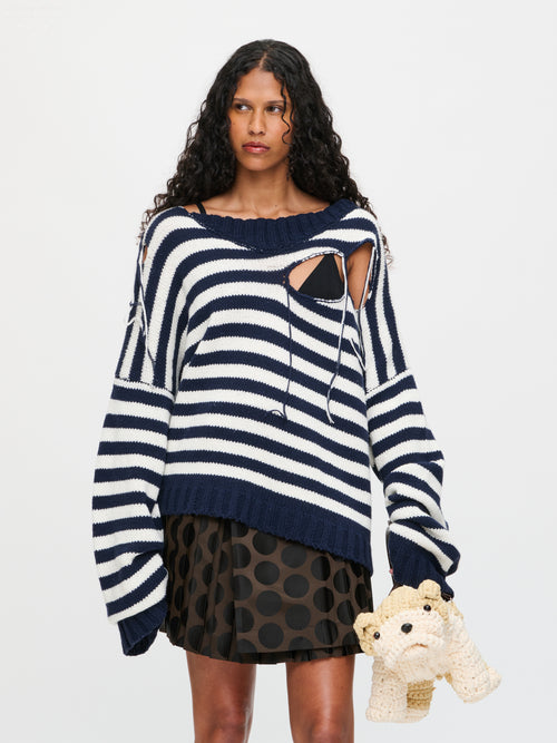 SLASH STRIPE SWEATER in NAVY ECRU STRIPE | Charles Jeffrey Loverboy