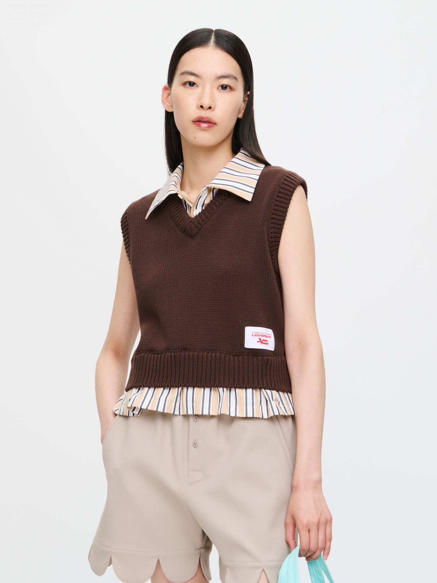 SMART CROPPED VEST in BROWN BEIGE STRIPE