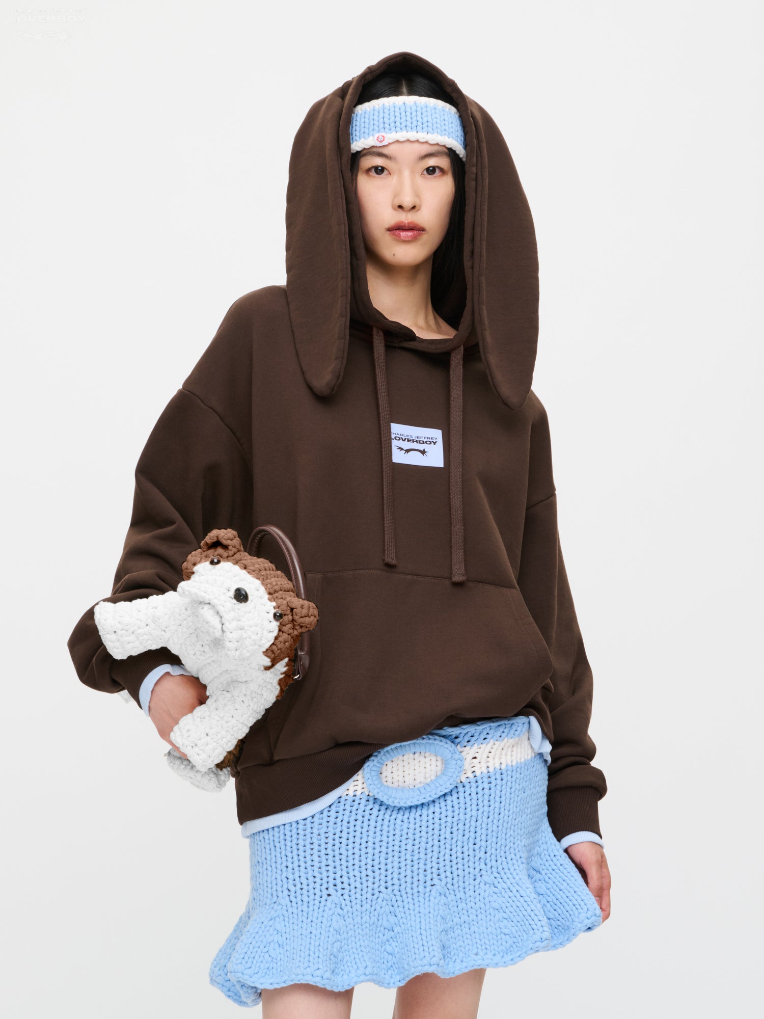 RABBIT EARS HOODY in BROWN LIGHT BLUE