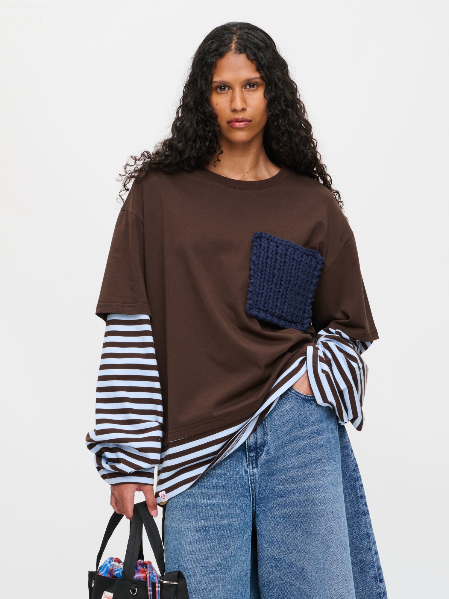 LONG SLEEVE 2-IN-1 TEE WITH KNIT PATCH in BROWN STRIPE
