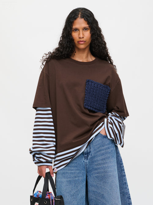 LONG SLEEVE 2-IN-1 TEE WITH KNIT PATCH in BROWN STRIPE | Charles Jeffrey Loverboy