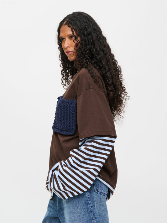 LONG SLEEVE 2-IN-1 TEE WITH KNIT PATCH in BROWN STRIPE