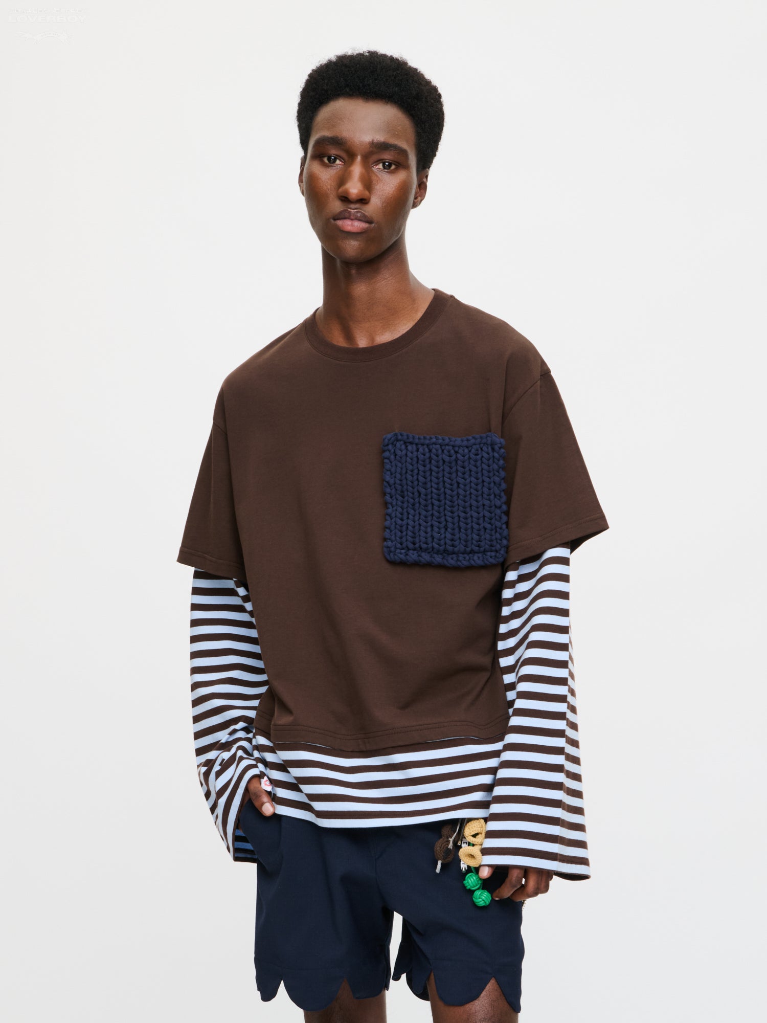LONG SLEEVE 2-IN-1 TEE WITH KNIT PATCH in BROWN STRIPE – Charles
