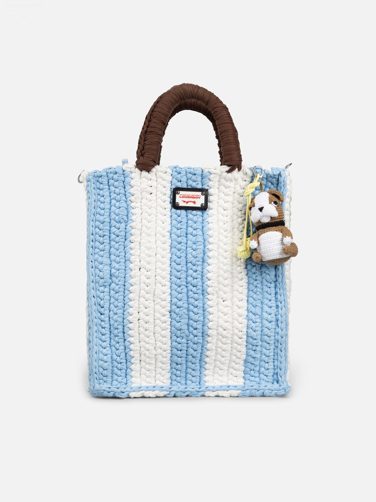 PAPA BAG WITH BULLDOG CHARM in LIGHT BLUE WHITE BROWN
