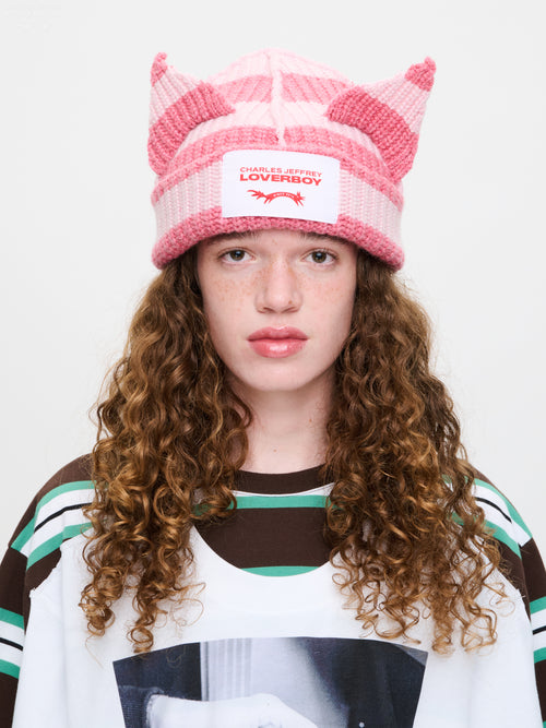 CHUNKY EARS BEANIE in PINK STRIPE | Charles Jeffrey Loverboy