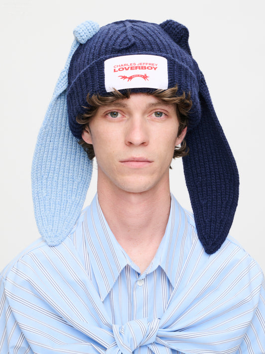 CHUNKY RABBIT BEANIE in NAVY LIGHT BLUE