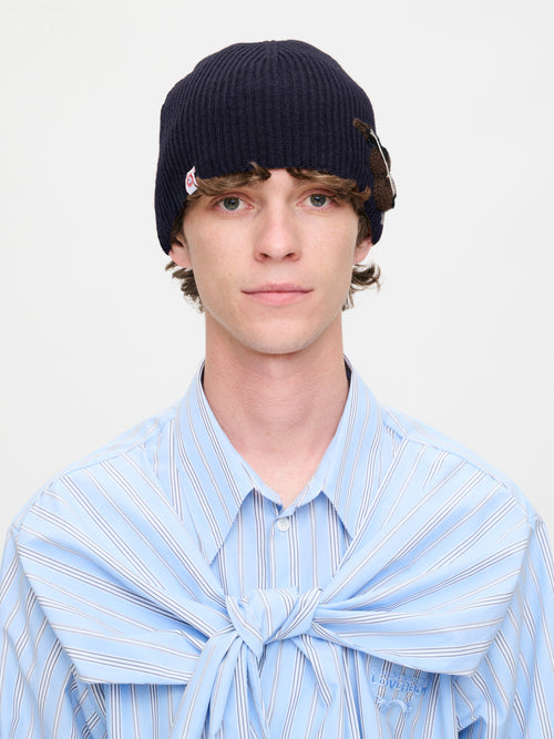 APPLIQUE RIB BEANIE in NAVY CELLO | Charles Jeffrey Loverboy