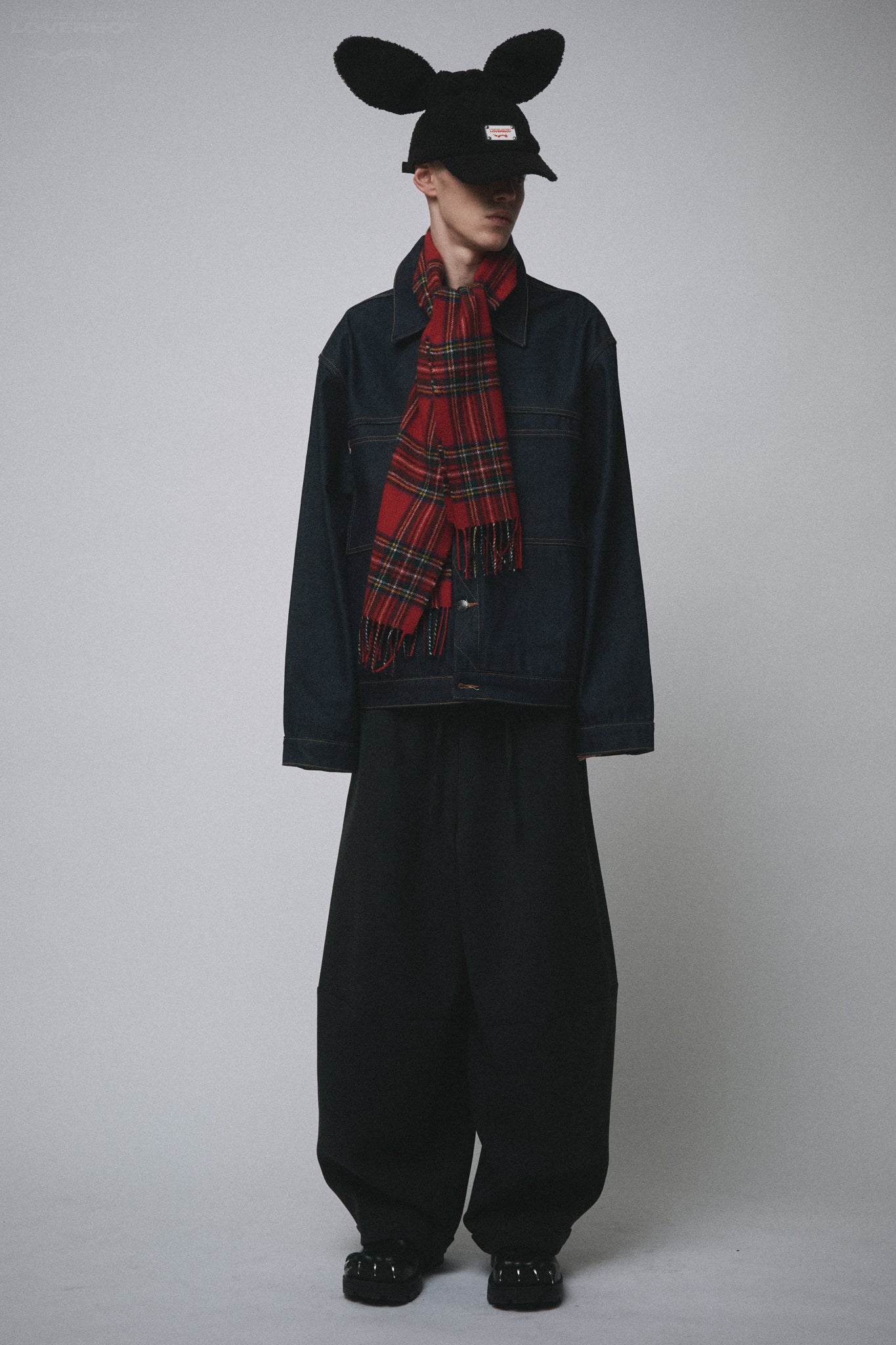 SCARF DENIM JACKET in DENIM + RED TARTAN
